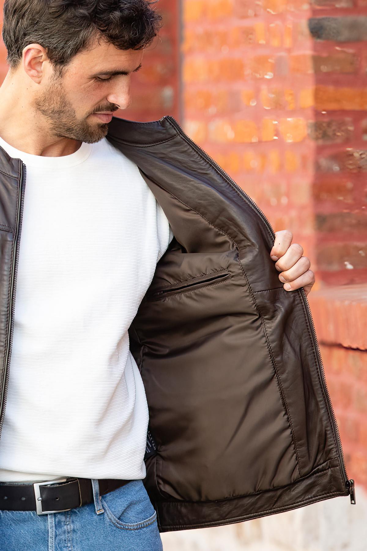 Brown sheepskin jacket with motorbike collar for mid-season style. - Image n°5