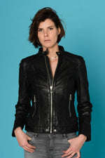 Women's cowhide leather biker collar jacket - Image n°3