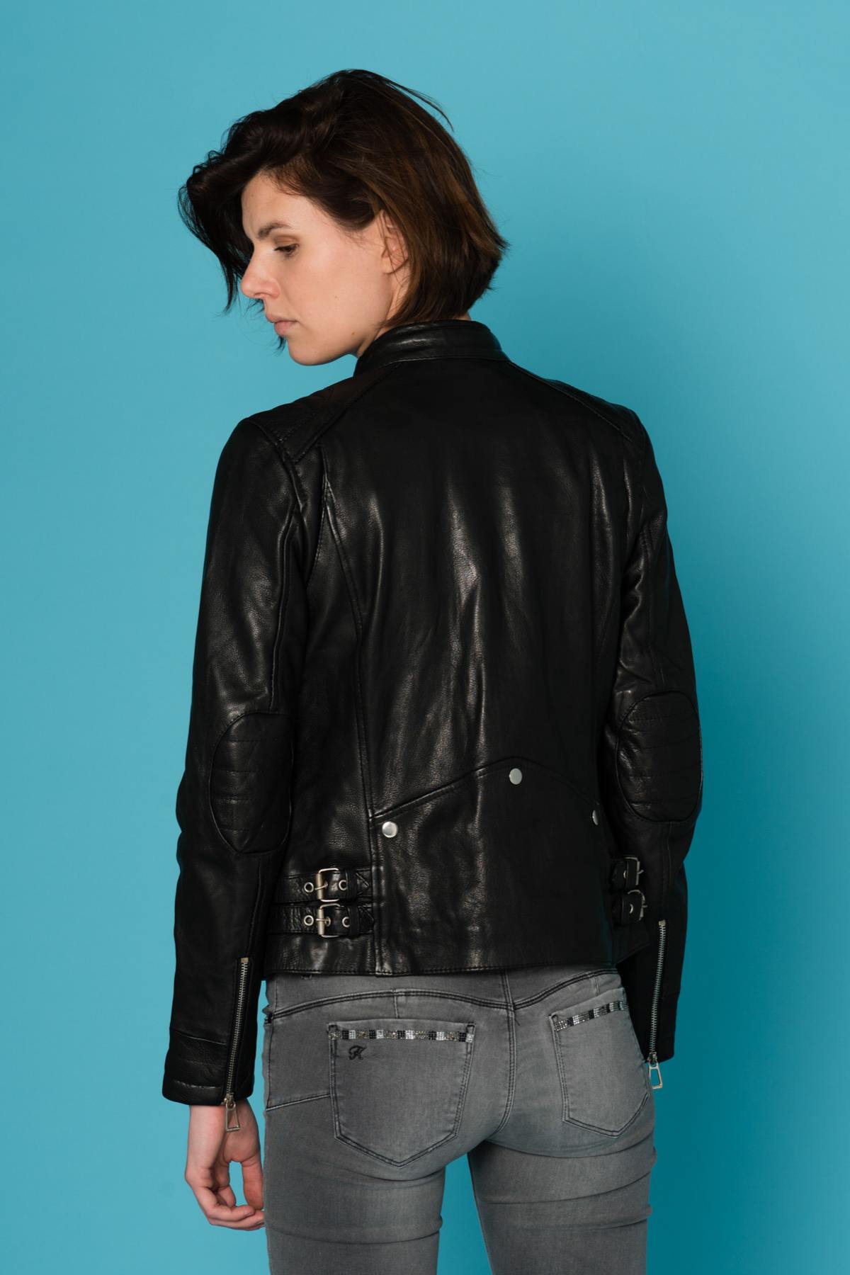Women's cowhide leather biker collar jacket - Image n°4
