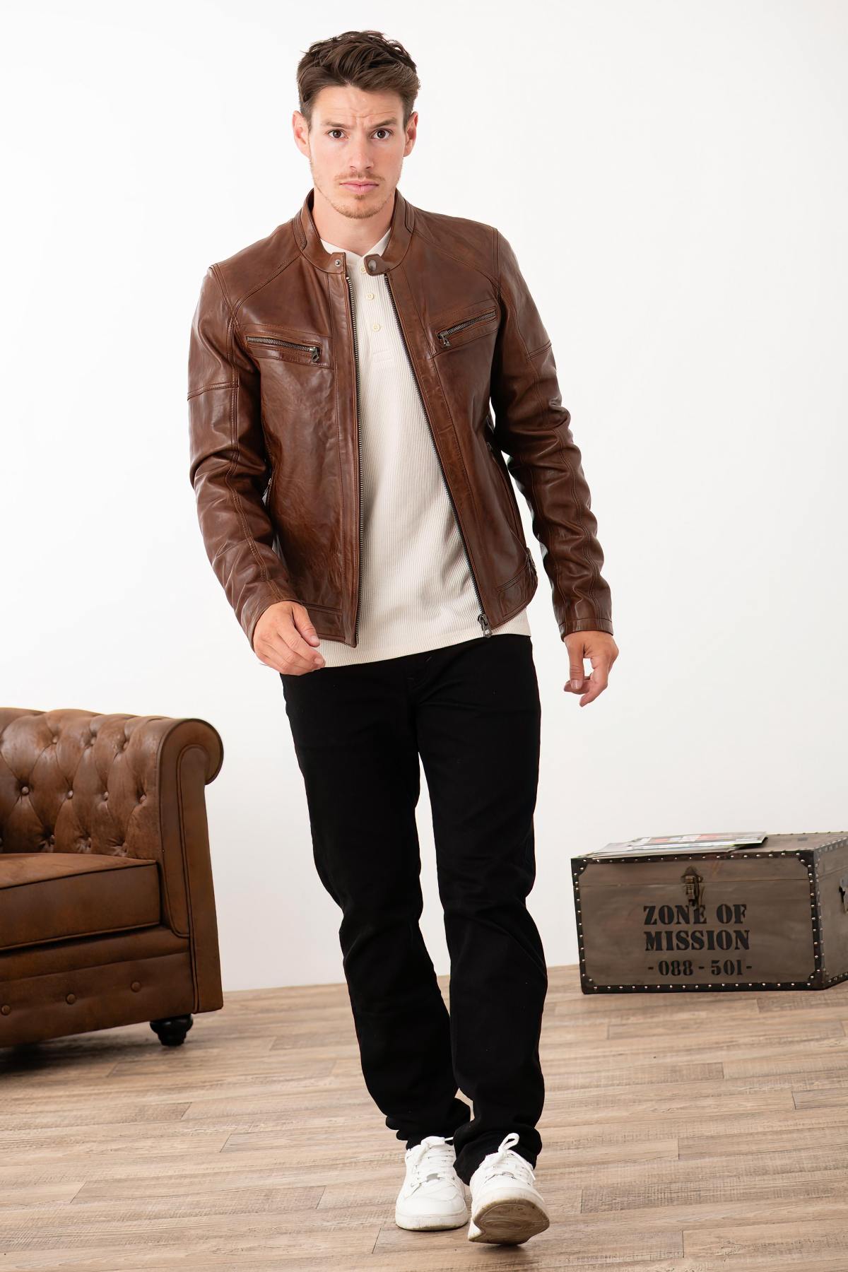 Washed dark cognac lambskin biker jacket-vintage and structured. - Image n°2