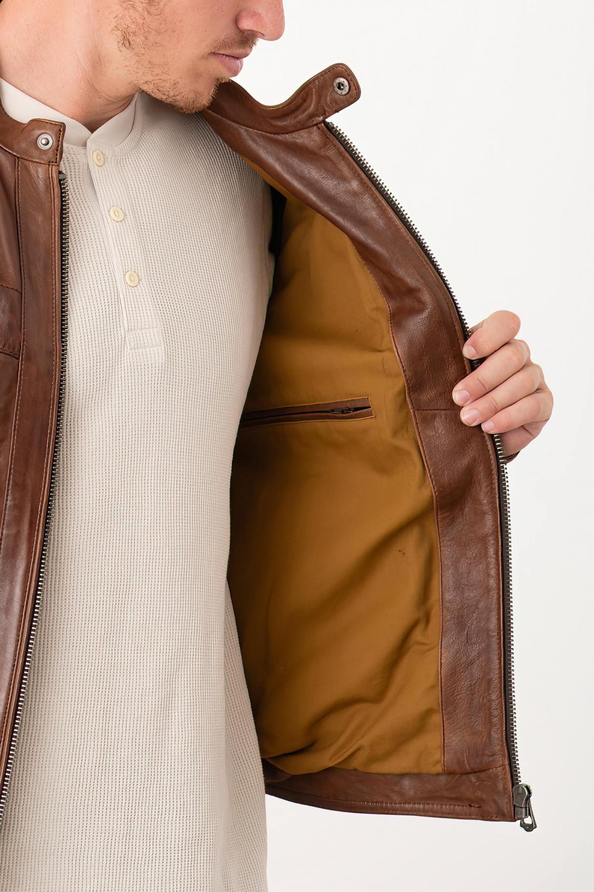 Washed dark cognac lambskin biker jacket-vintage and structured. - Image n°7