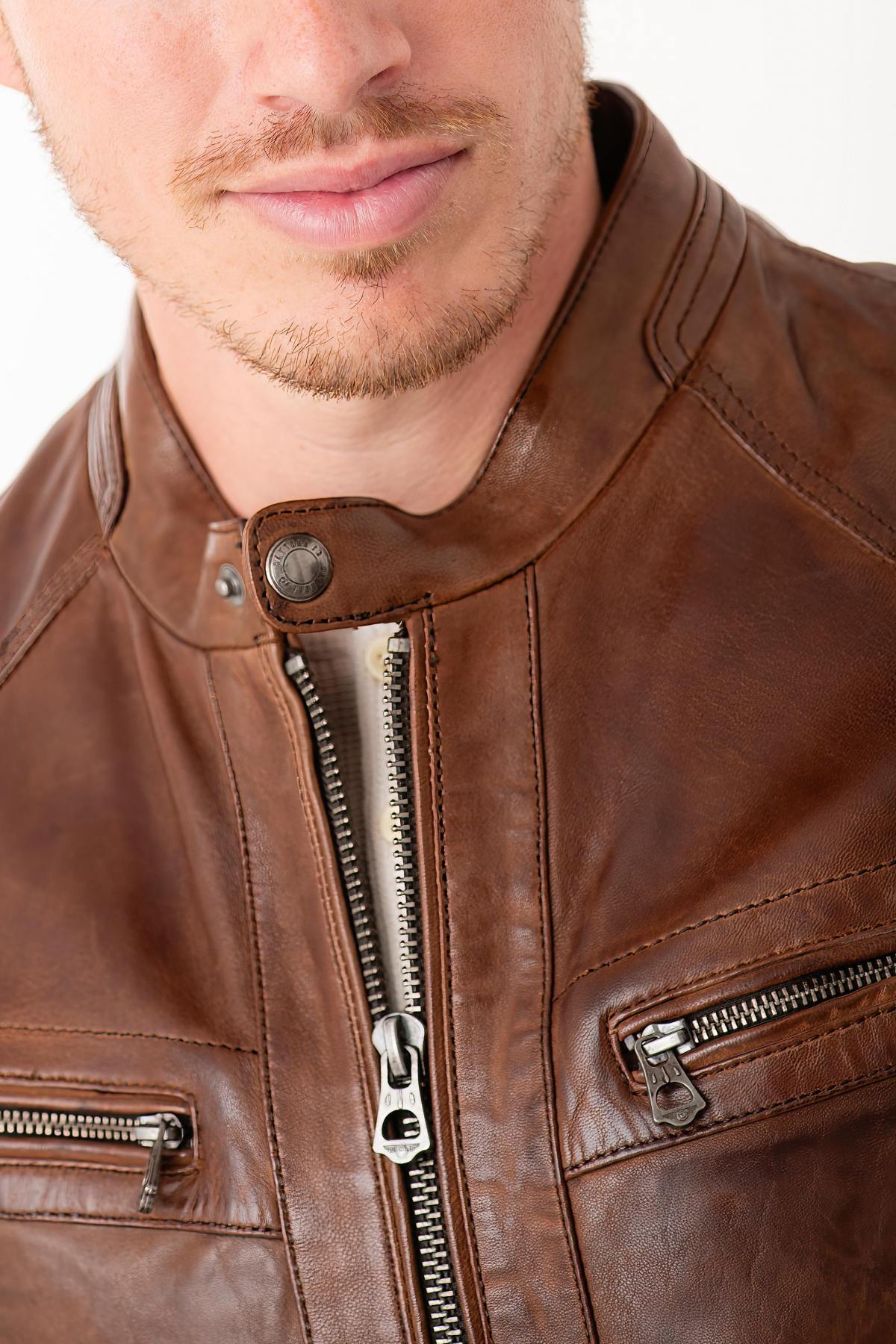 Washed dark cognac lambskin biker jacket-vintage and structured. - Image n°6