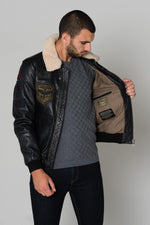 Petrol-black lambskin aviator jacket with aged leather and collar. - Image n°5