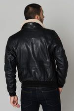 Petrol-black lambskin aviator jacket with aged leather and collar. - Image n°6