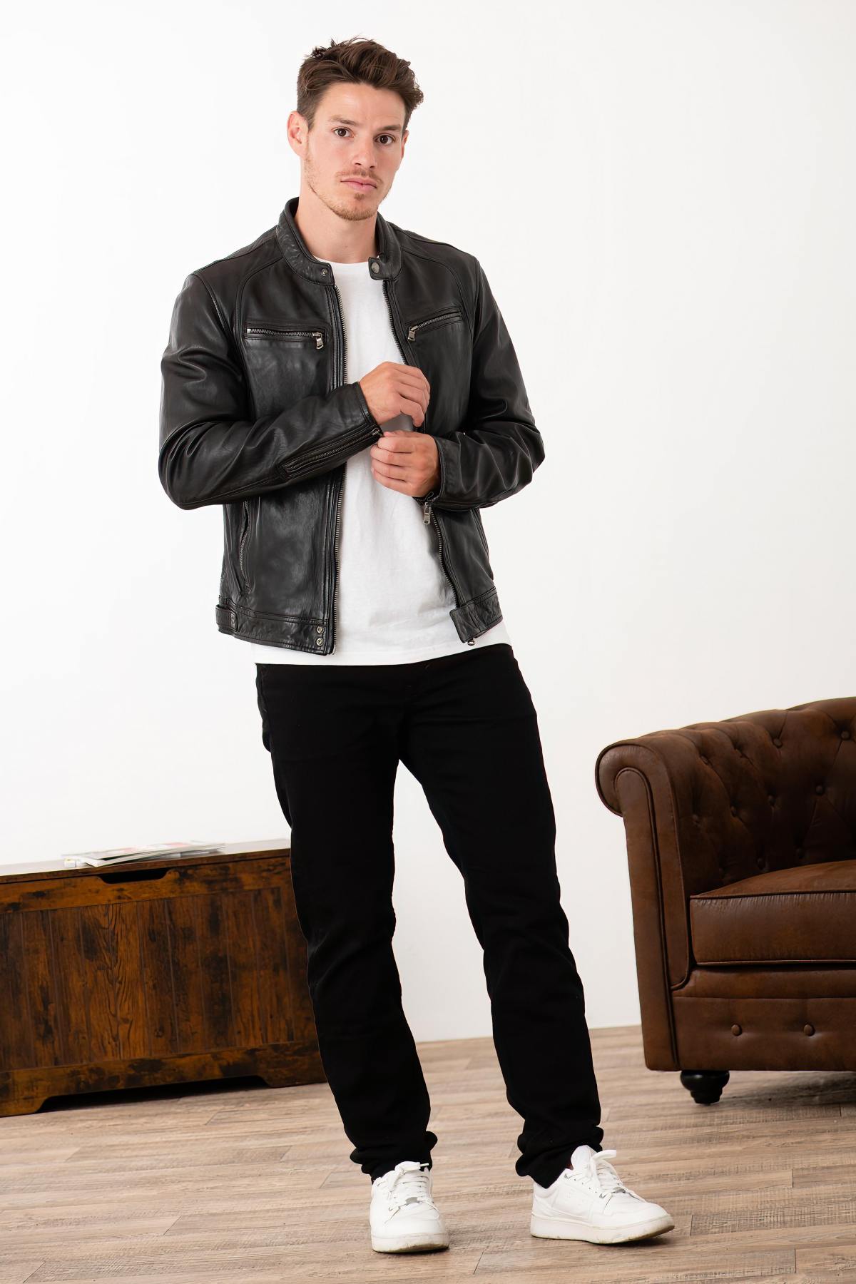 Men's Daytona Jacket in Black Lambskin - Image n°3