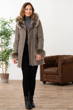 Warm grey reversed sheepskin coat with real fox fur trim. - Image n°2