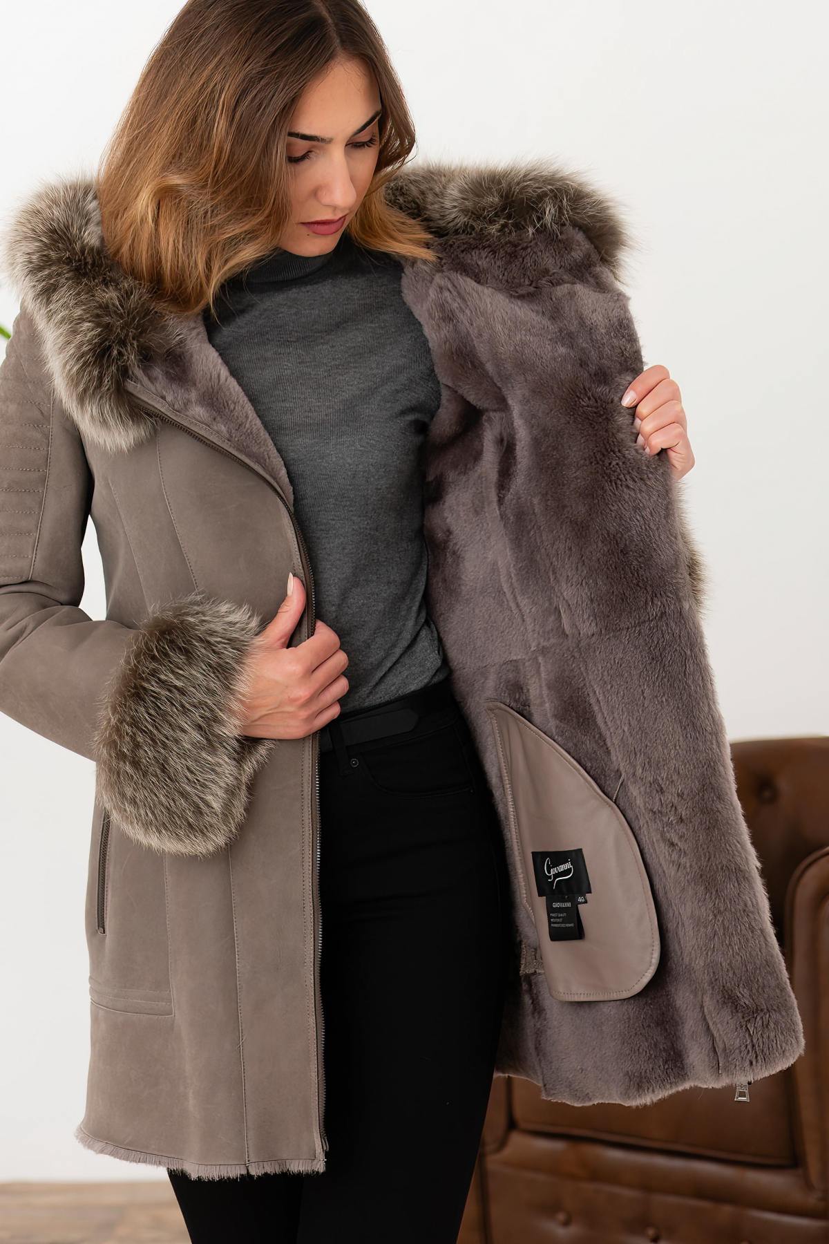 Warm grey reversed sheepskin coat with real fox fur trim. - Image n°7