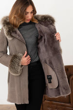 Warm grey reversed sheepskin coat with real fox fur trim. - Image n°7