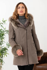 Warm grey reversed sheepskin coat with real fox fur trim. - Image n°1