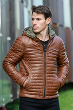Warm cognac sheepskin jacket, quilted and slim. Fixed hood for winter. - Image n°1