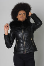 Women's down jacket in black sheepskin leather with black raccoon fur - Image n°1