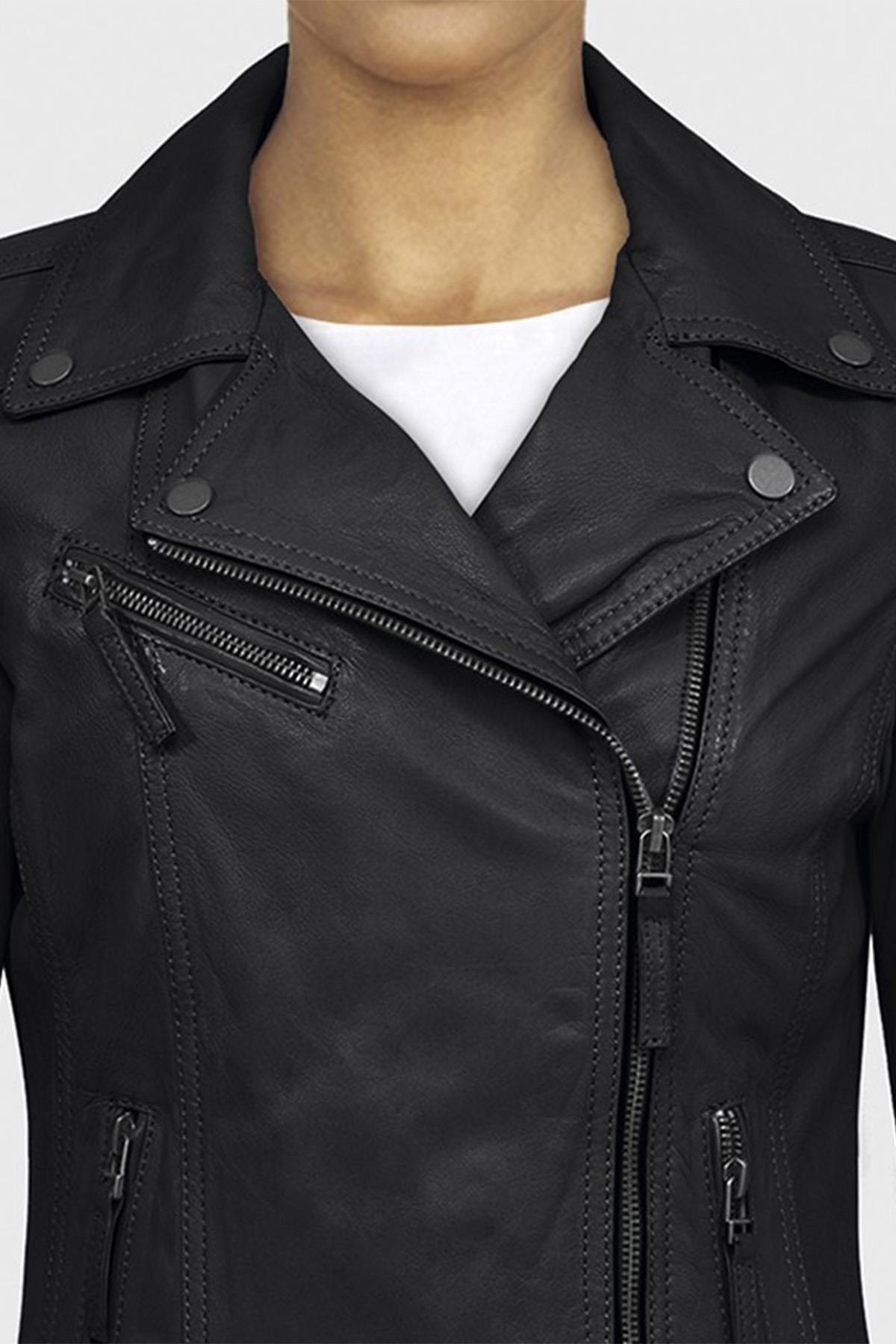  Women's black sheepskin leather Biker Jacket - Image n°2