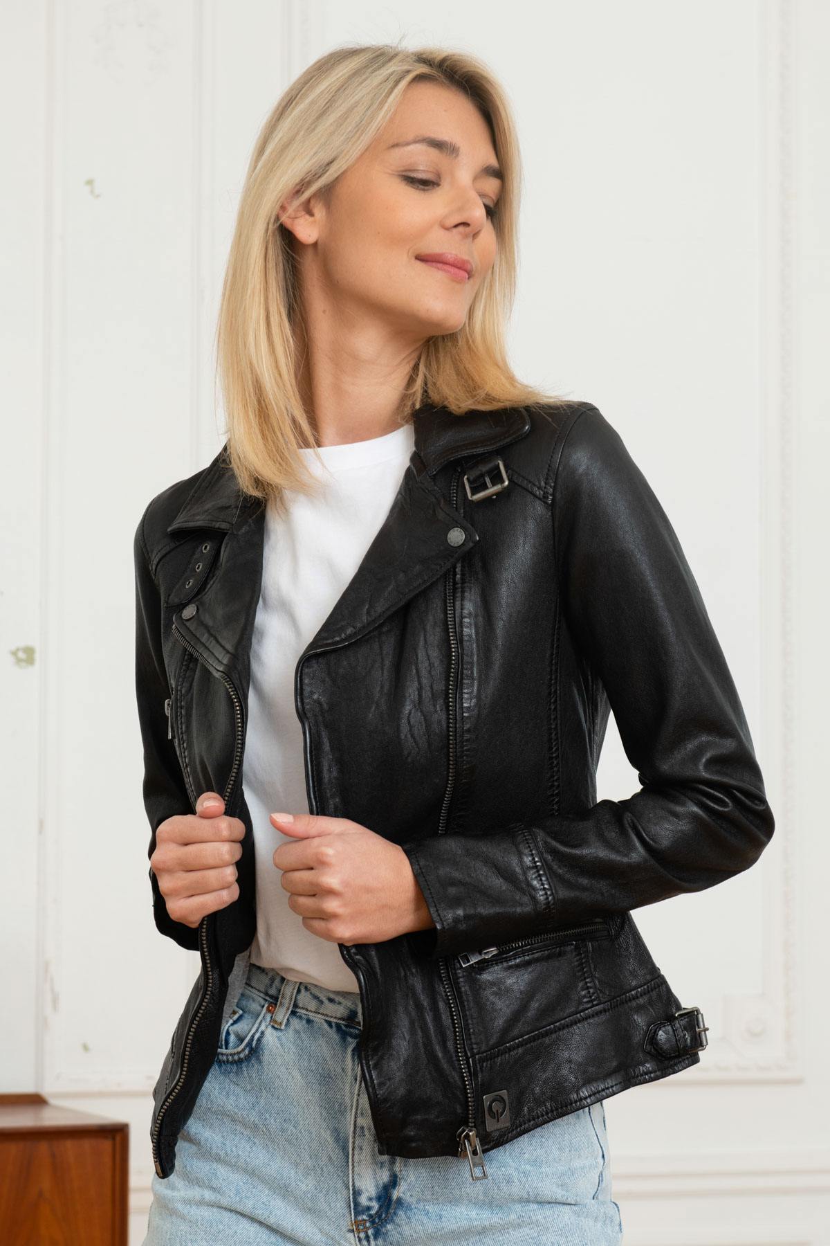 Black lambskin biker jacket with washed finish and asymmetrical zip. - Image n°1