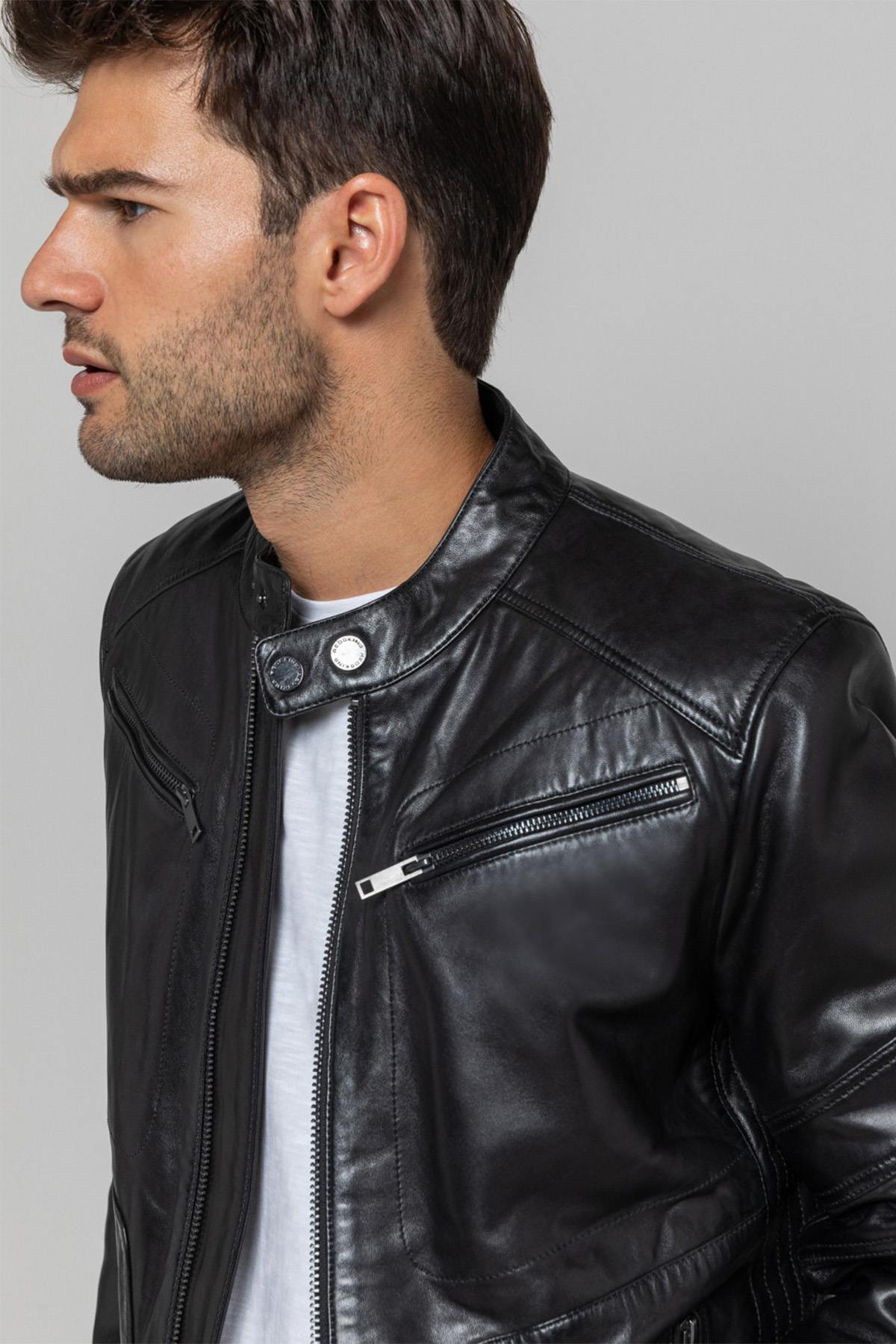 Matte black sheepskin biker jacket, slim fit by Redskins. - Image n°5