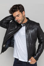 Matte black sheepskin biker jacket, slim fit by Redskins. - Image n°2
