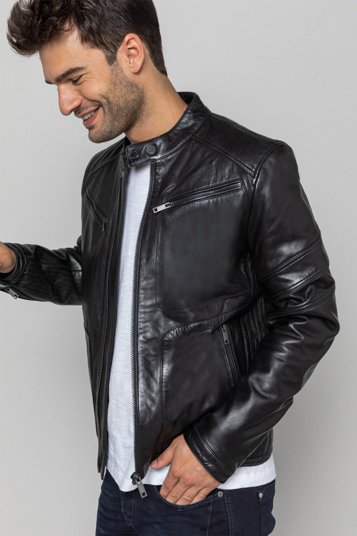 Matte black sheepskin biker jacket, slim fit by Redskins. - Image n°4