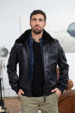 Limited-edition navy lambskin aviator jacket with patinated finish. - Image n°2