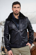 Limited-edition navy lambskin aviator jacket with patinated finish. - Image n°5