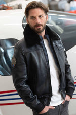 Limited-edition navy lambskin aviator jacket with patinated finish. - Image n°1