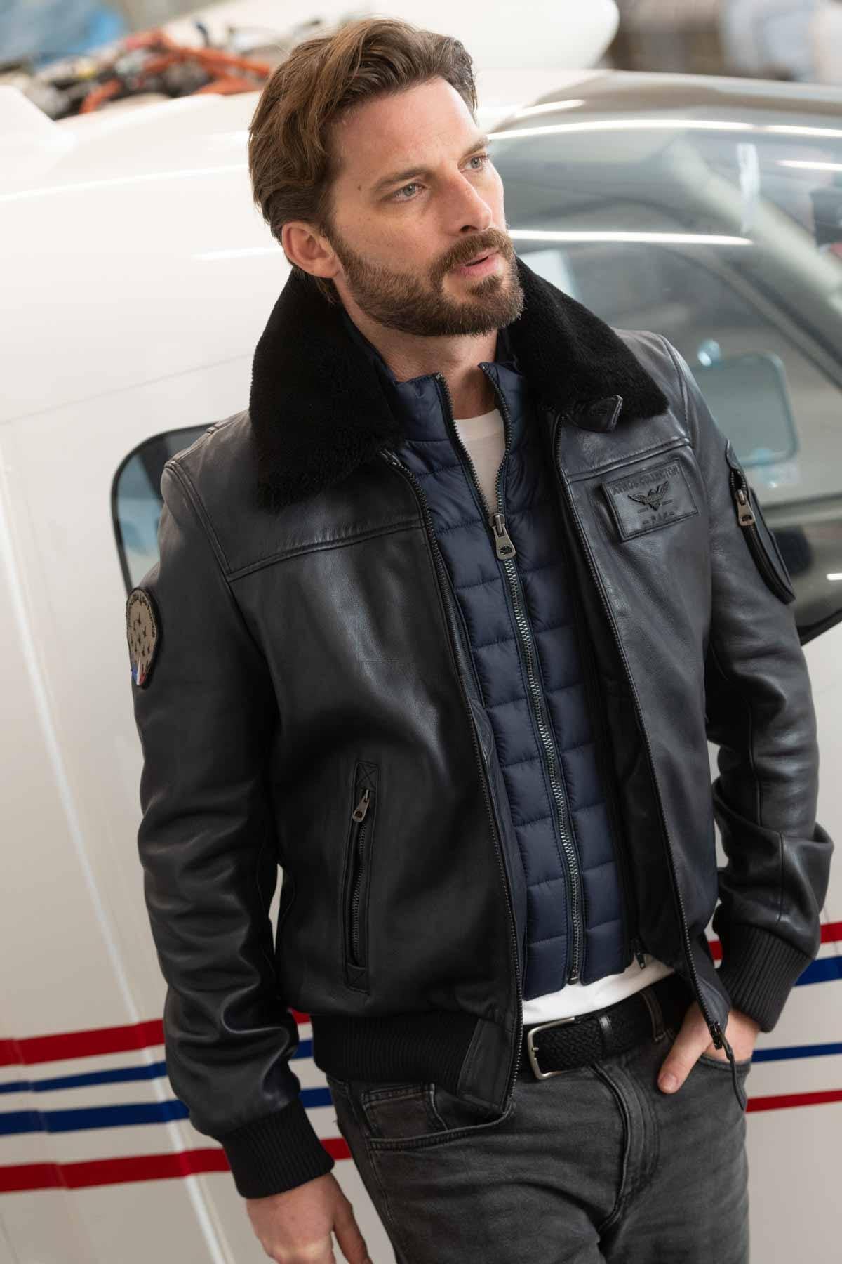 Limited-edition navy lambskin aviator jacket with patinated finish. - Image n°4