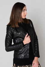 Slim black sheep leather biker jacket, mid-length and lightweight. - Image n°1
