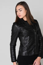 Slim black sheep leather biker jacket, mid-length and lightweight. - Image n°4