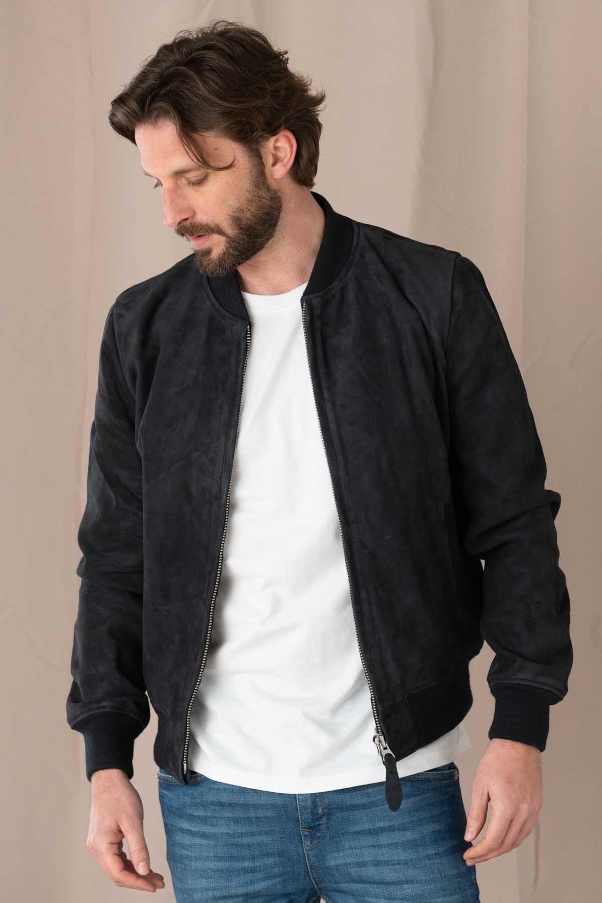 A goatskin jacket with suede finish, teddy collar, and ribbed details. - Image n°1