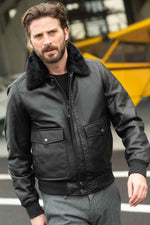 Black lambskin aviator jacket by Schott. Detachable vegan fur collar. - Image n°1