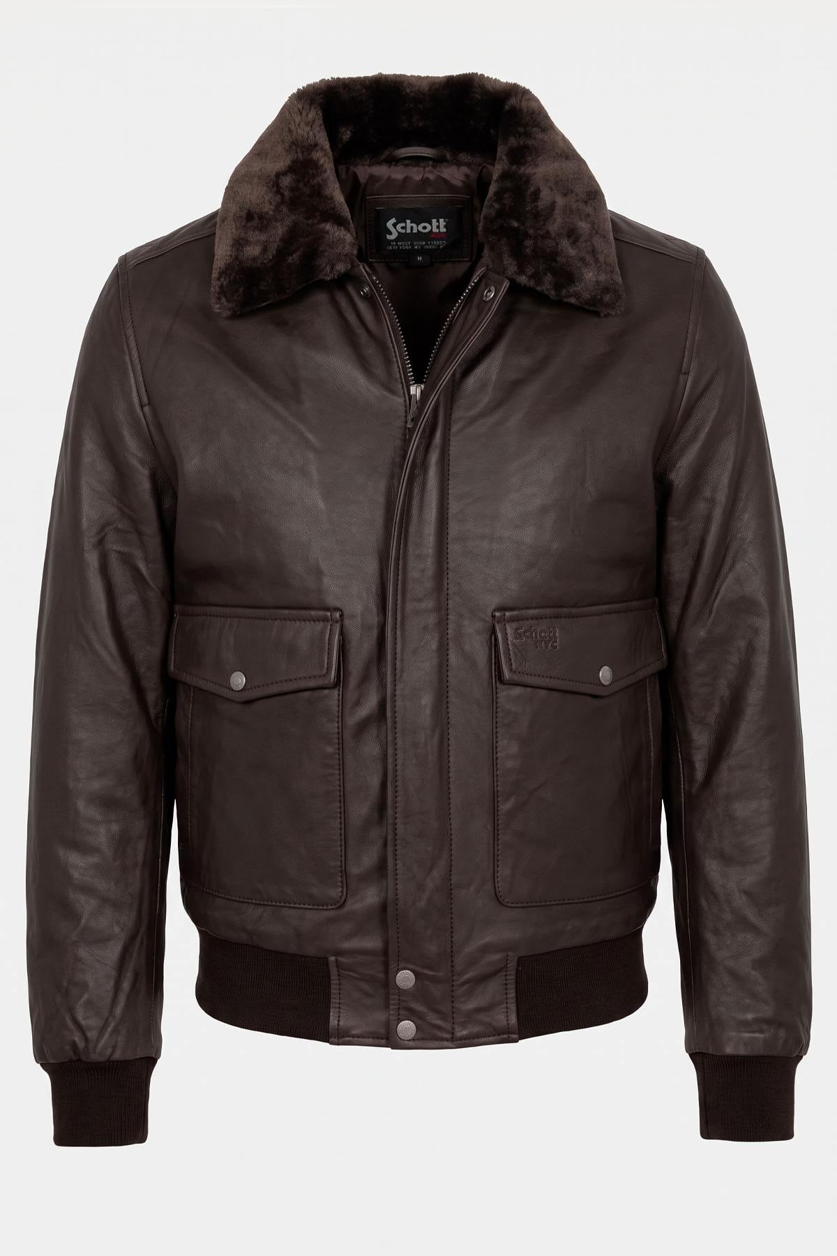 Lambskin aviator jacket by Schott. Slim fit with removable collar. - Image n°3