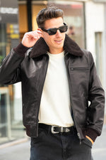 Schott's cowhide aviator jacket with removable shearling collar. - Image n°1