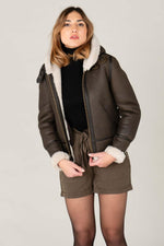 Dark brown sheepskin bomber by Schott. Warm, textured, slim-fit. - Image n°6