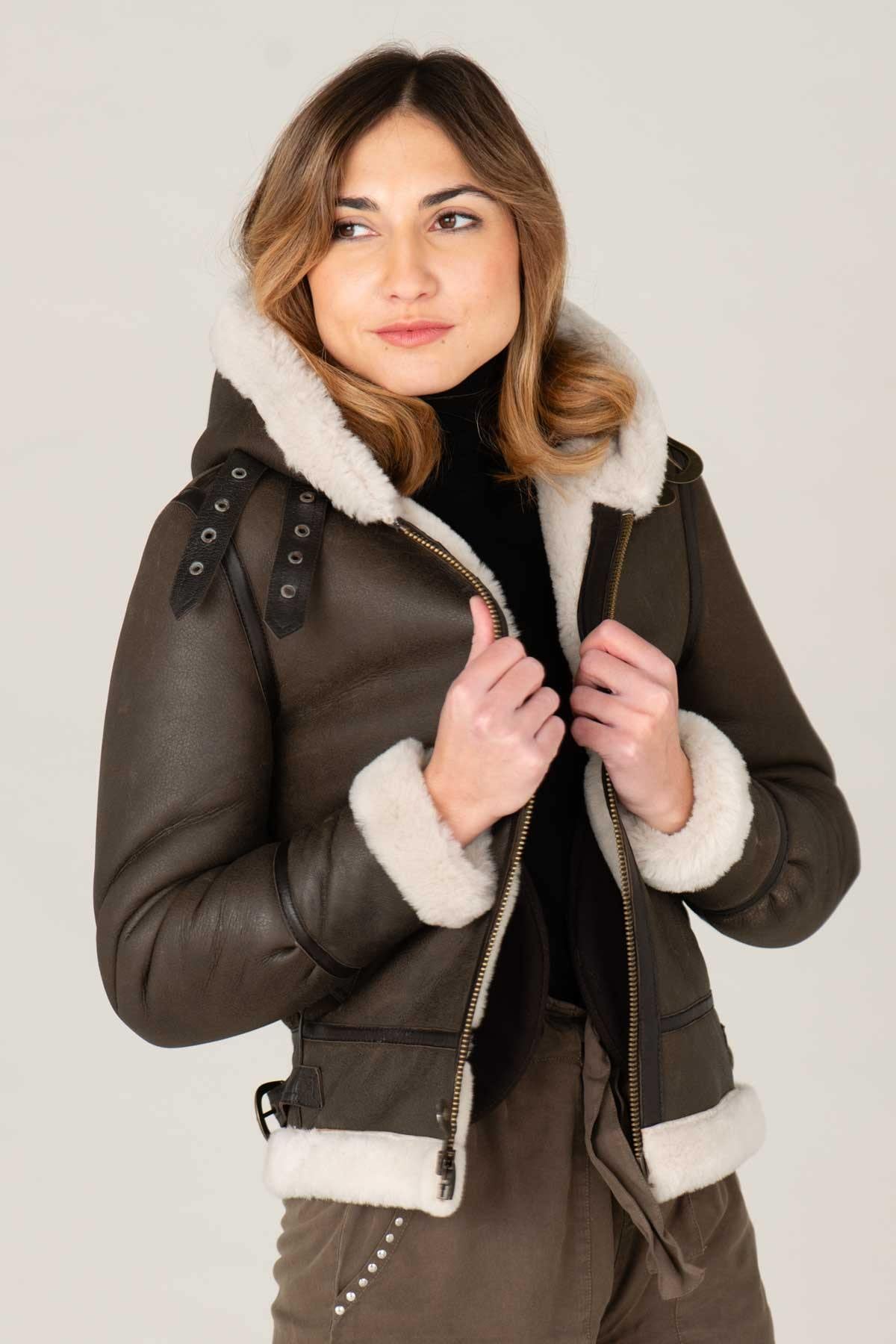 Dark brown sheepskin bomber by Schott. Warm, textured, slim-fit. - Image n°1