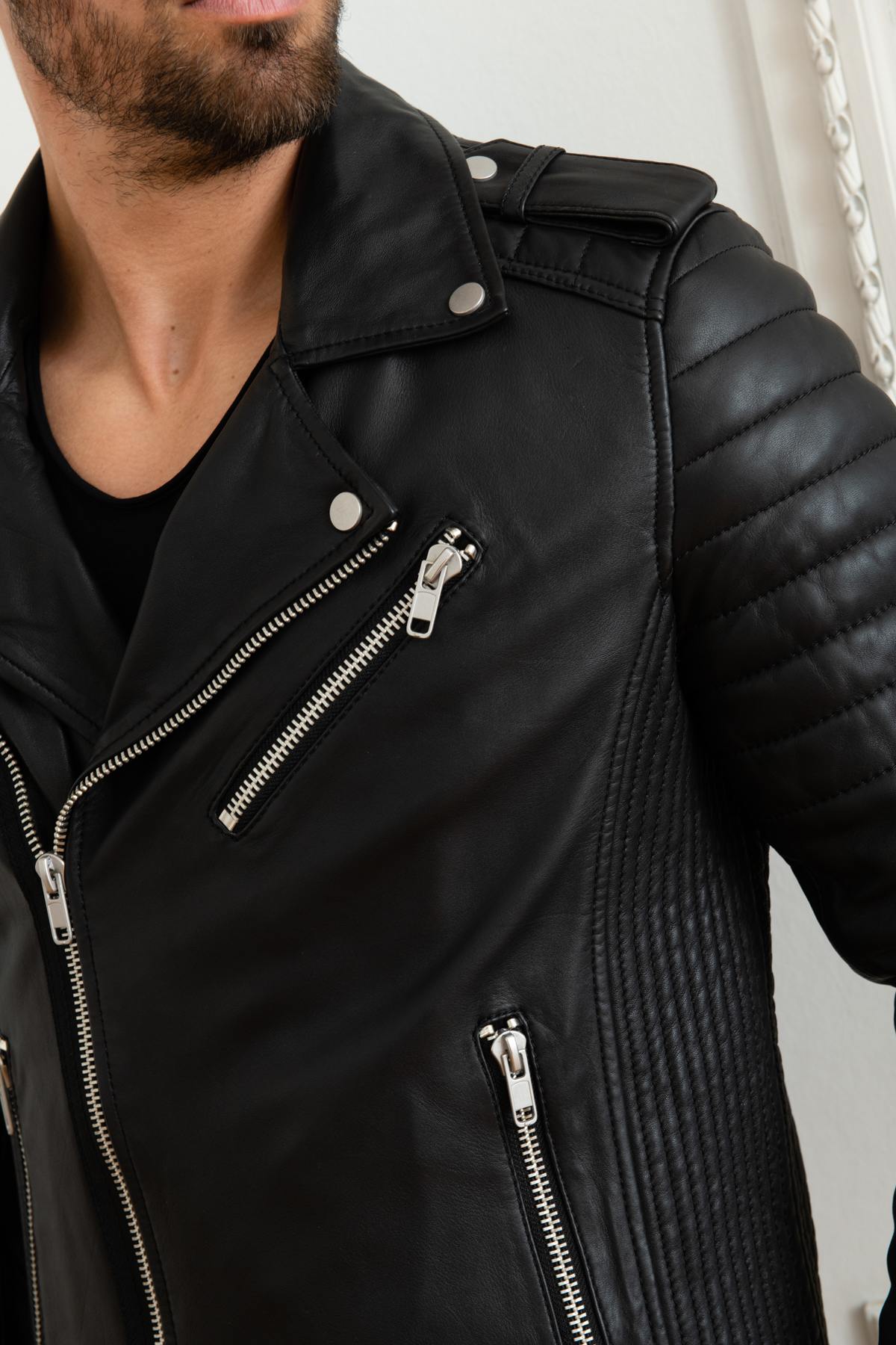 Black lambskin biker jacket with quilted shoulders and asymmetric zip. - Image n°7