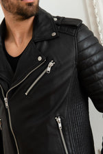 Black lambskin biker jacket with quilted shoulders and asymmetric zip. - Image n°7