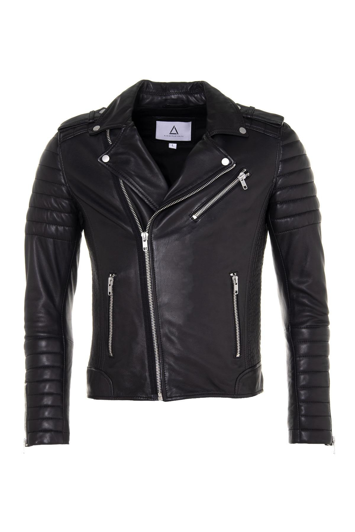 Black lambskin biker jacket with quilted shoulders and asymmetric zip. - Image n°3