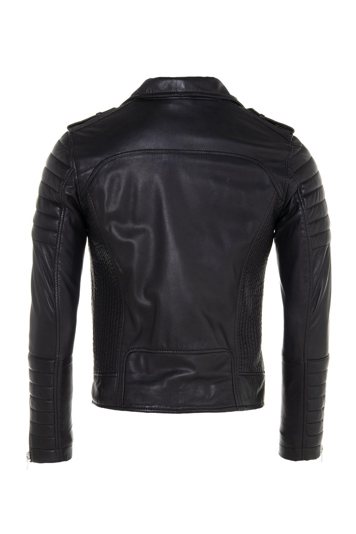 Black lambskin biker jacket with quilted shoulders and asymmetric zip. - Image n°10