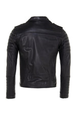 Black lambskin biker jacket with quilted shoulders and asymmetric zip. - Image n°10
