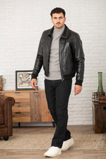 Black buffalo leather jacket with stand-up collar - Image n°2