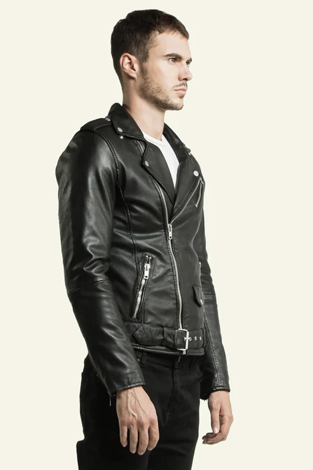 Rock-inspired lambskin jacket in black, slim-cut with silver zips. - Image n°5