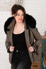 Ventiuno women's khaki down jacket with black collar - Image n°5