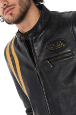 Vintage leather jacket with yellow stripes - Image n°7