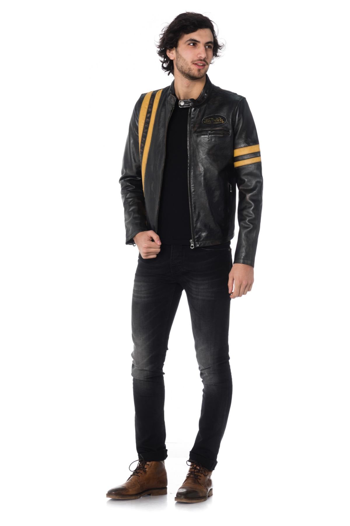 Vintage leather jacket with yellow stripes - Image n°2