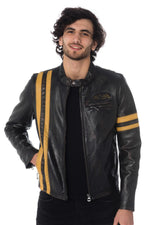 Vintage leather jacket with yellow stripes - Image n°3