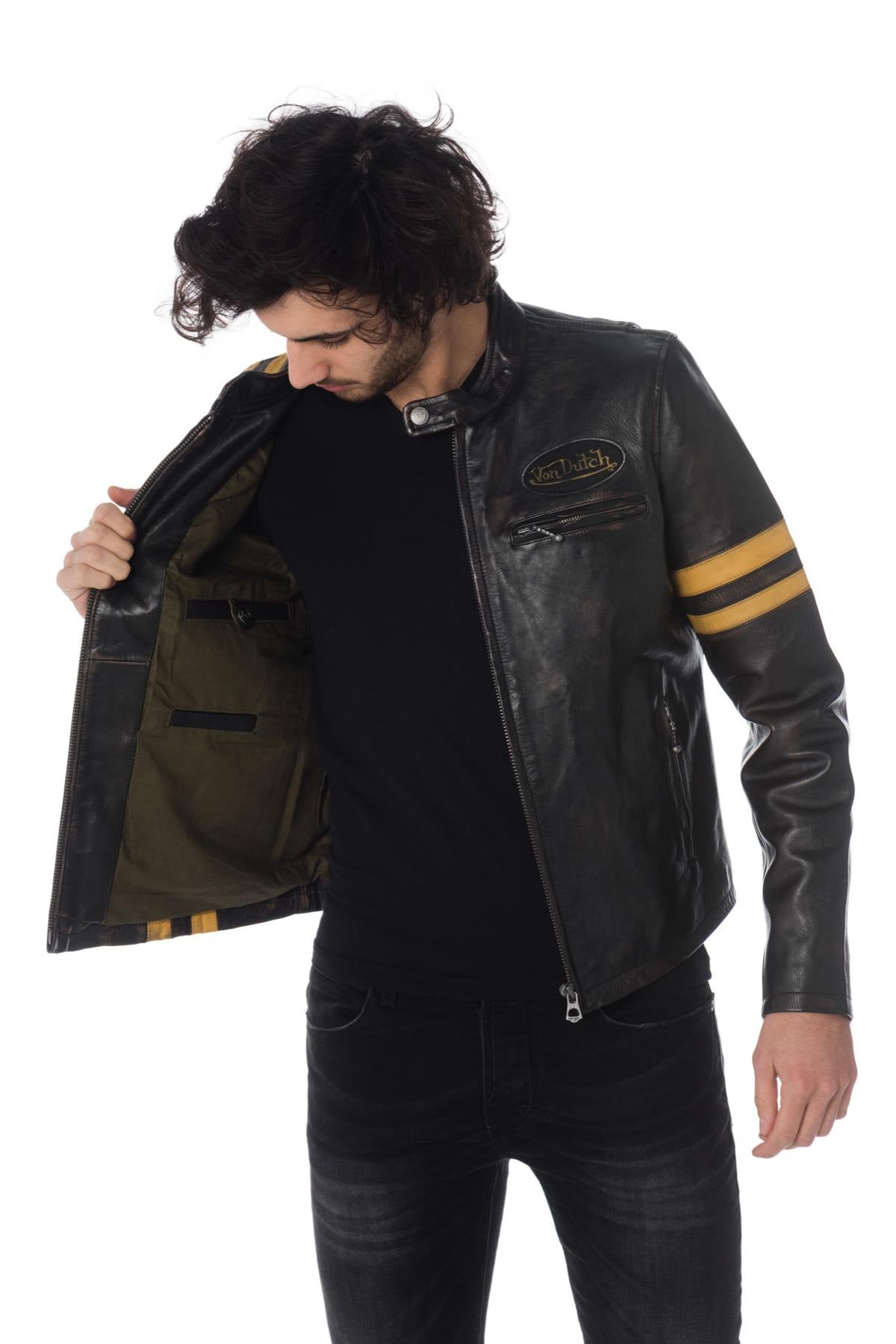 Vintage leather jacket with yellow stripes - Image n°5