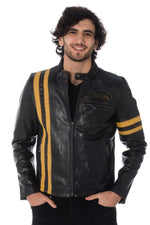 Vintage leather jacket with yellow stripes - Image n°1