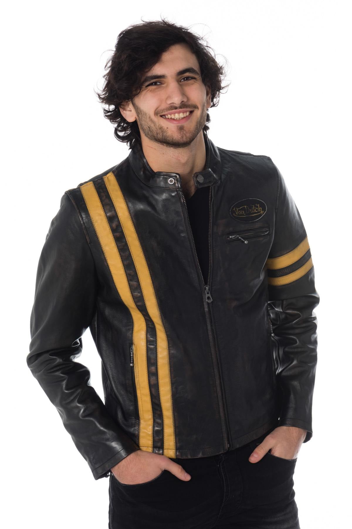 Vintage leather jacket with yellow stripes - Image n°4