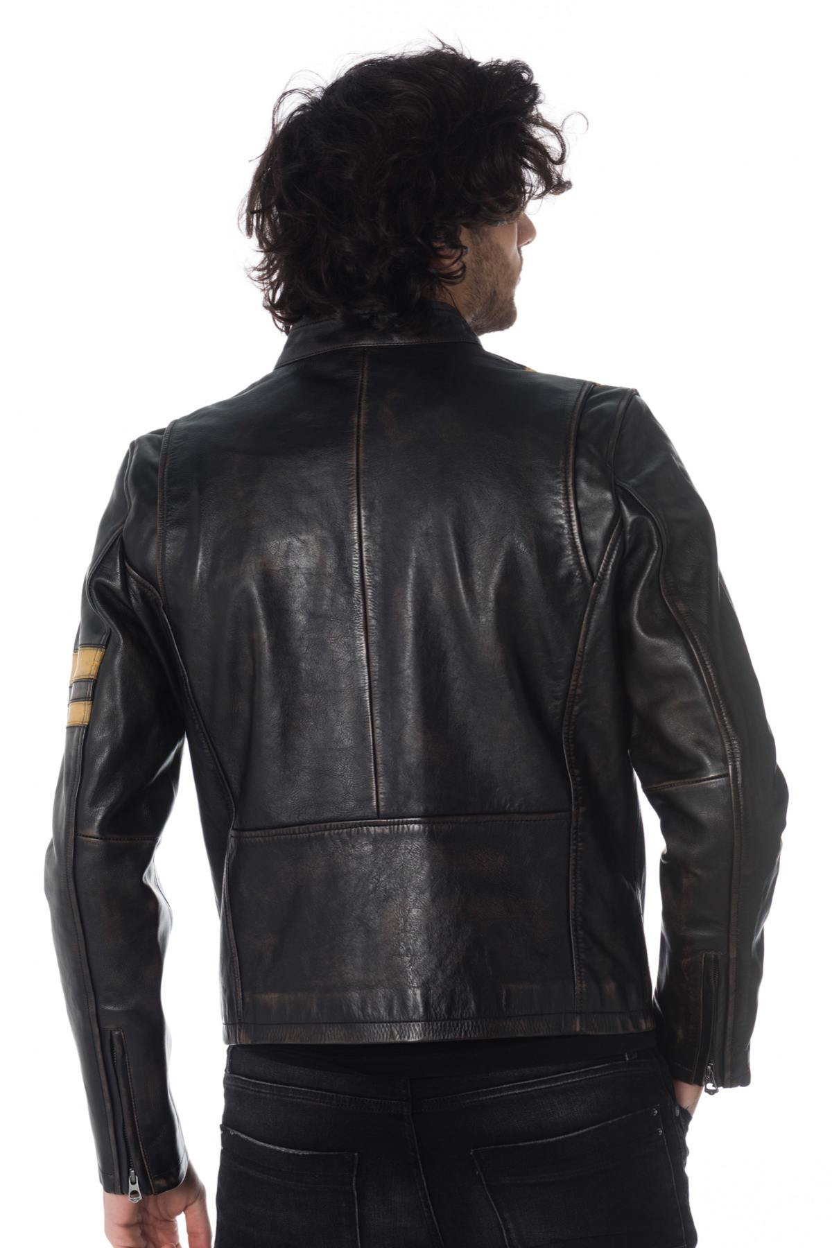 Vintage leather jacket with yellow stripes - Image n°6