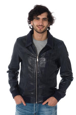 Navy blue leather jacket with ribbing - Image n°3