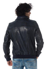 Navy blue leather jacket with ribbing - Image n°6