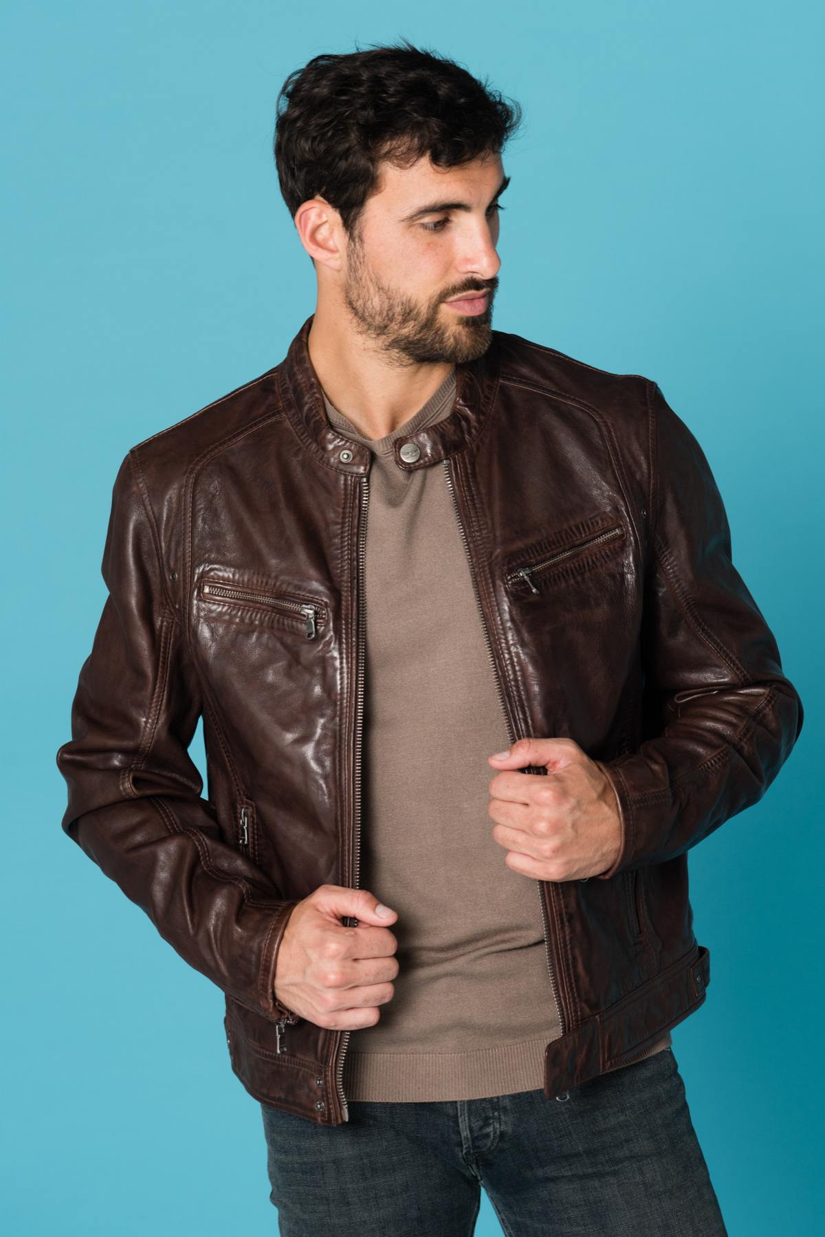 Daytona's wine-brown lambskin biker jacket: adjustable fit, sleek cut. - Image n°1